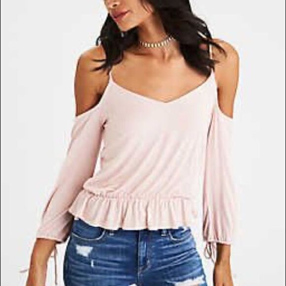 American Eagle Cold Shoulder Tie Sleeve Top - Picture 2 of 2